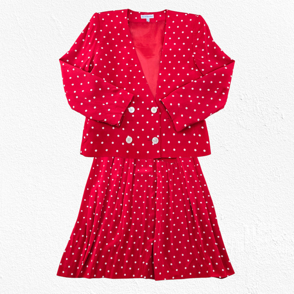 1980s Vintage David Brooks Red White Polka Dot Retro Career Skirt Suit Size 2 - Picture 1 of 16